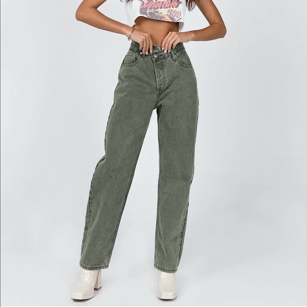 NWOT HOLLY ASYMMETRIC STRAIGHT LEG JEAN GREEN DENIM Princess Polly